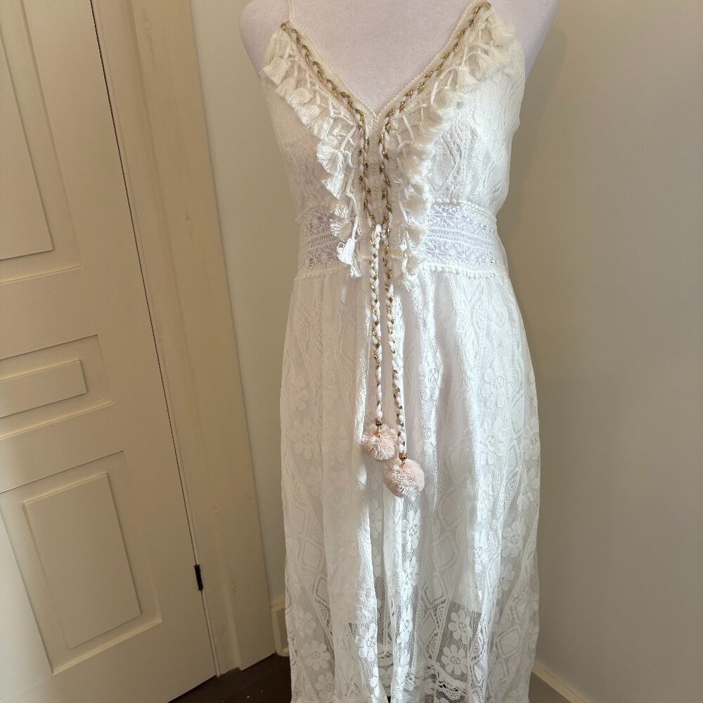 White Lace Hi-Low Hem Dress with Fringe, Tassel and Gold Braid Trim, Lined, Med.